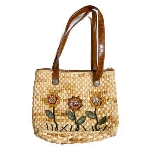 Elka Accessories Sunflower Woven Straw Shoulder Bag Purse Tan Patchwork Floral